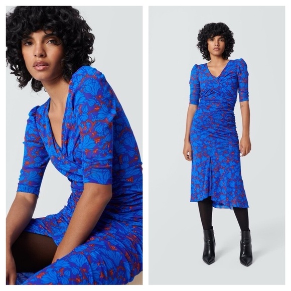 Diane Von Furstenberg / Lorraine mesh floral Bodycon Midi Dress  Ruched XXS - Picture 1 of 9